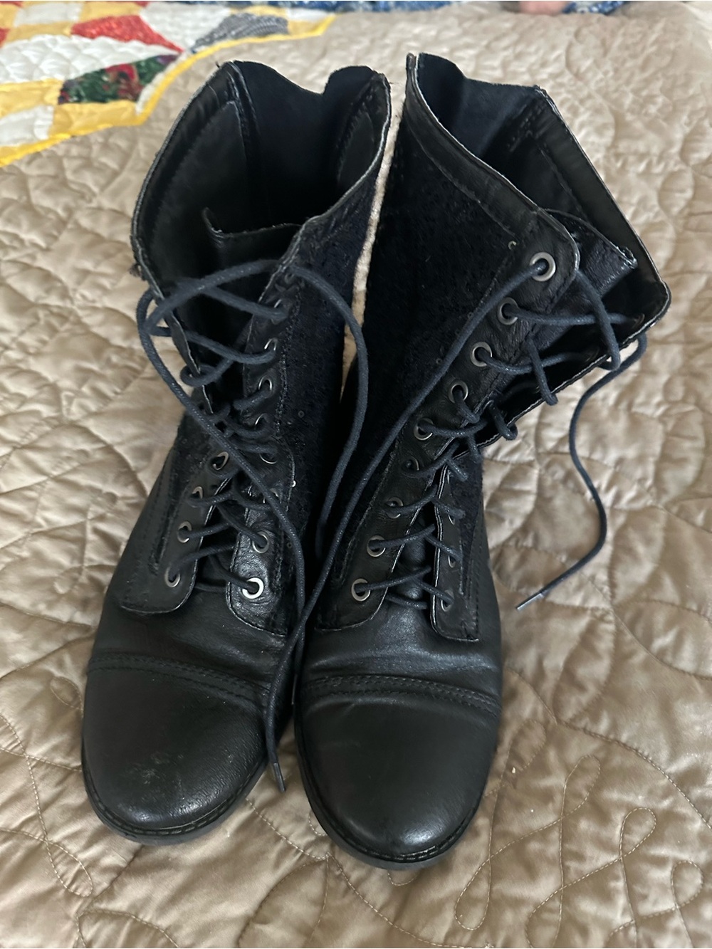 Gianni Bini Black Lace-Up Leather Combat Boots